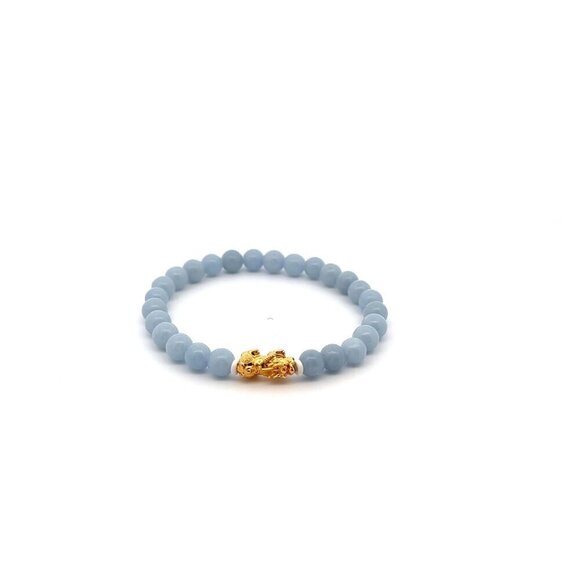 RAFANTHIA Jewelry - 18K Gold Pixiu Piyao Lucky Charm Bracelet Natural Angelite Gemstones 6mm